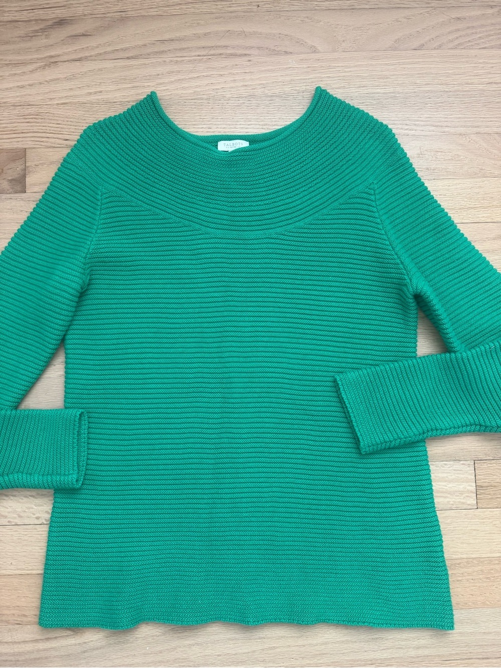 Talbots Small Petite Kelly Green 100% Cotton Knit Crewneck Sweater